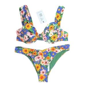 We Wore What  Bikini Set Delilah Bottom & Claudia Top Wild Flowers Floral L NEW
